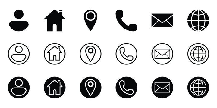 contact information icons. business card icon set of different styles. for print, mobile app or website. vector icons on transparent background.