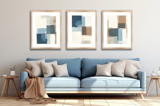 minimal boho interior living room with three art picture frames on wall, wall art design idea for mock up, Generative Ai