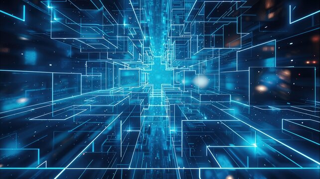 A dark room with glowing blue lines and glass blocks floating in the air, creating an abstract background. Generative AI.