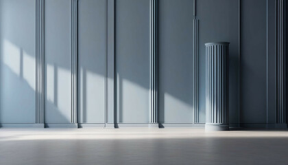 Beautiful gray-blue empty wall with columns with lateral lighting. Minimalistic background for product presentation. 