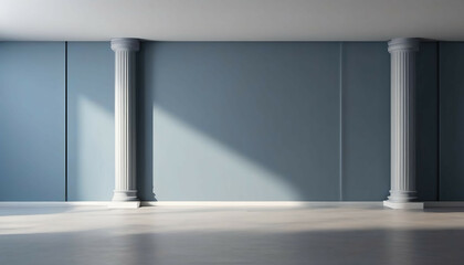 Beautiful gray-blue empty wall with columns with lateral lighting. Minimalistic background for product presentation.  - obrazy, fototapety, plakaty