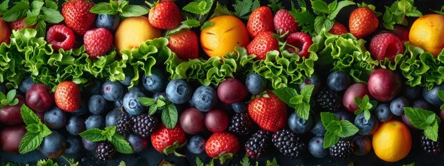 food photography with lots of bright fruits and vegetable salads,  - obrazy, fototapety, plakaty