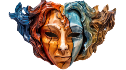 A vibrant multicolored mask resembling a mans face with intricate designs and patterns