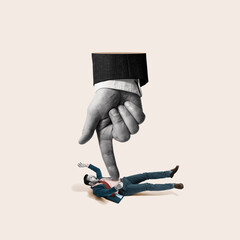 A finger presses down on a businessman. Art collage.