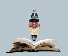 A student with a laptop sits on a light bulb. Art collage.
