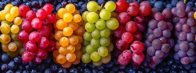 Ripe grapes of various colors in the garden tile 