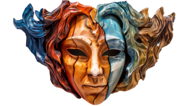A vibrant multicolored mask resembling a mans face with intricate designs and patterns