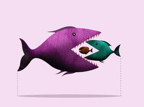 Big fish eats small, takeover of the company. Art collage.