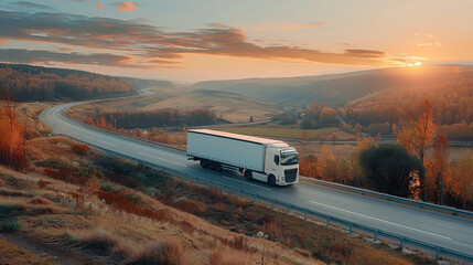 White truck on highway in autumn landscape at sunset, view from hill with green grass and trees. A big delivery lorry driving along the motorway to the city for cargo transport. Generative AI.