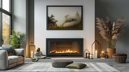 A black framed blank-empty mockup is placed above the fireplace in a contemporary living room. Generative AI. - obrazy, fototapety, plakaty