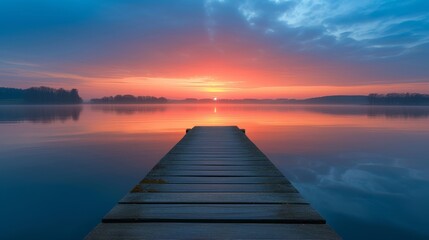 Fototapeta na wymiar Sunset paints the sky in hues of pink and blue above a calm lake dotted with waterlilies and a leading wooden dock.
