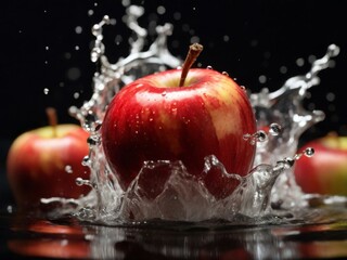 Fresh red apple splashing in water