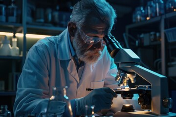 Mature researcher in lab coat analyzing samples through a microscope in a dim laboratory setting