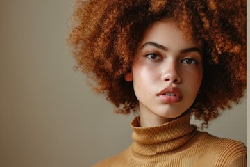 Close-up portrait of a young woman with a trendy afro hairstyle and a warm turtleneck