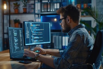 Male developer coding late at night