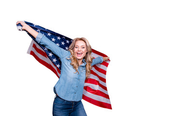 Portrait of her she nice cute charming adorable lovely attractive cheerful cheery optimistic wavy-haired lady holding in hands flag isolated over gray purple violet pastel background