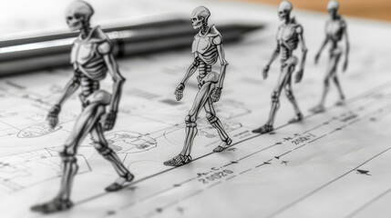 A group of skeletons are walking on a piece of paper - obrazy, fototapety, plakaty