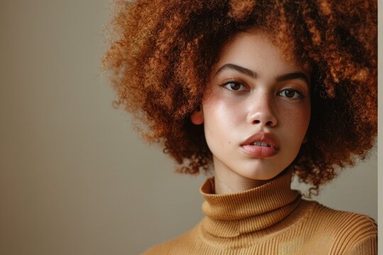 Close-up Portrait Of A Young Woman With A Trendy Afro Hairstyle And A Warm Turtleneck