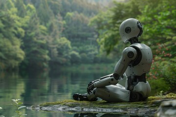 Peaceful scene of a humanoid robot sitting by a serene lake amidst lush greenery - 773844427