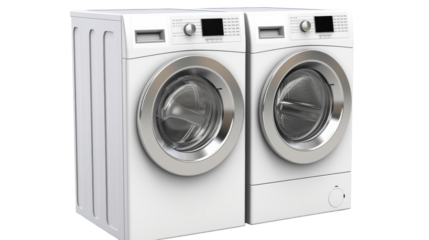 A white washer and dryer stand side by side, ready for use in a modern home laundry room
