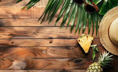 Set against a wooden backdrop, a delightful composition awaits: a straw hat, sunglasses, pineapple, and palm leaves. A scene echoing tropical allure and leisurely summer afternoons.