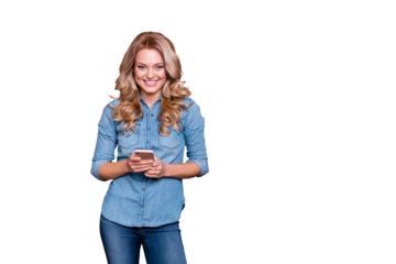 Portrait of her she nice cute charming lovely attractive fascinating cheerful cheery wavy-haired lady using new gadget isolated over gray purple violet pastel background