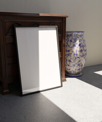 single frame mockup poster standing on the concrete floor in front of the vintage wooden cabinet with vase decoration