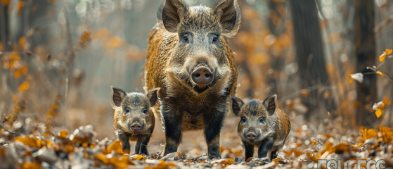 Within the tranquil depths of the forest, a wild boar family traverses gracefully with their adorable baby.