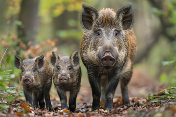 In the heart of the forest, a captivating sight unfolds as a wild boar family, accompanied by their charming baby, roams freely.
