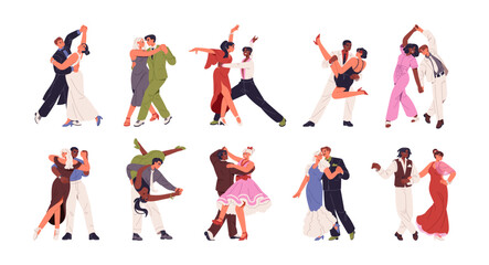 Fototapeta na wymiar Different dances set. People perform with waltz, argentine tango, salsa. Couples move by music. Pairs show swing, foxtrot, zouk on competition. Flat isolated vector illustrations on white background