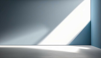 Beautiful gray-blue empty wall with lateral lighting and interesting chiaroscuro. Minimalistic background for product presentation. - obrazy, fototapety, plakaty