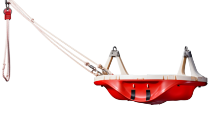 A red and white boat is gracefully lifted by a crane