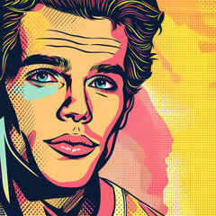 psychedelic young handsome man portait colors, comic pop art