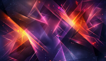 Abstract purple-yellow triangles with glare and lights, geometric background for design.