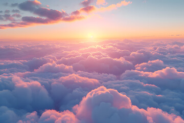 A serene sunset over the clouds with colorful orange and pink hues, creating a picturesque and tranquil atmosphere.