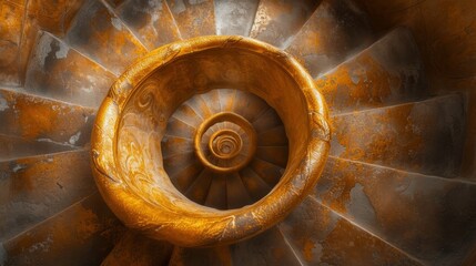 Close-up of a spiral staircase showcasing the textured patterns and golden light reflecting off its surface. - obrazy, fototapety, plakaty