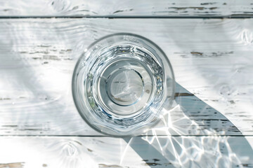 A glass with clear water on a white wood table