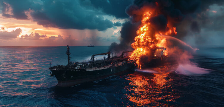 The tanker is on fire. An oil tanker caught fire after being hit by a missile.