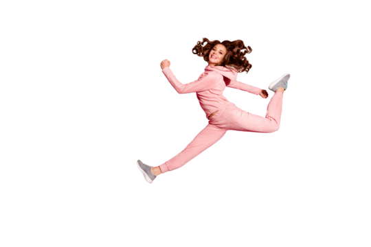 Full length body size photo jumping flight high smiling amazing she her lady hands arms help rushing shopping wearing modern casual pink costume suit pullover outfit isolated vibrant rose background - Powered by Adobe