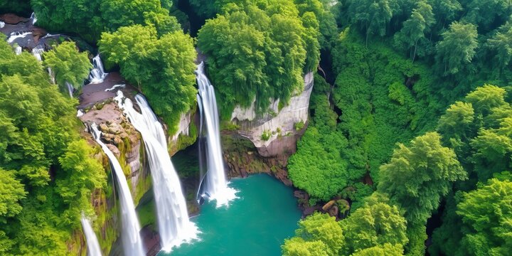 Top view of waterfall in the forest, bird's-eye view, nature landscape.