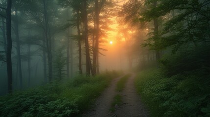 Dawn's golden light filters through a misty forest, illuminating a winding path with a magical glow.