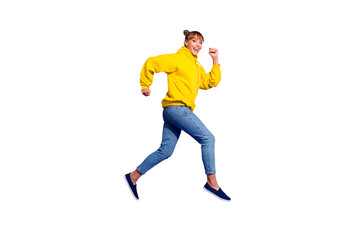 Fototapeta na wymiar Full length body size photo of jumping high crazy cheer she her lady with pretty buns hairdo pretending jogging sportive wearing casual jeans yellow pullover isolated on purple background