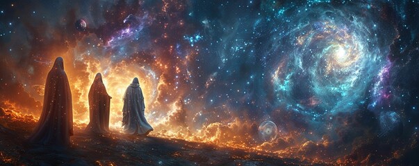 Celestial beings, luminous robes, guardians of astral realms, meeting under a canopy of swirling galaxies, under a starlit night sky, 3d render, ethereal lighting effect