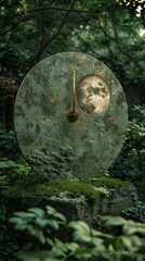 Conceptual clock, kinetic sculpture, symbolizing times passing, integrated with nature, showing seasonal changes, in a serene garden setting, under the soft glow of moonlight, creating a peaceful
