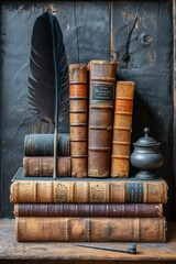 Vintage books stacked beside a quill and ink pot set against a dark wooden backdrop, evoking the nostalgia of historical literature.