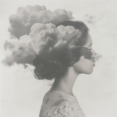 Head in the clouds concept surreal portrait. Brain fog, daydreaming or mental health black and white conceptual image
