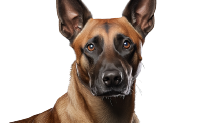 A close-up of a thoughtful dog staring directly into the camera