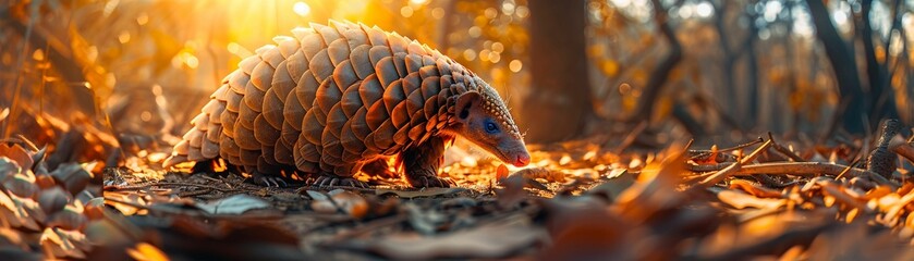 Pangolin, scales, endangered species, roaming freely in a protected reserve, a symbol of conservation efforts, realistic image, Backlights - obrazy, fototapety, plakaty