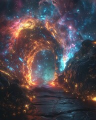 Quantum Entangled Portal, a mysterious gateway to distant worlds, shrouded in cosmic energy Amid a starry night, it stands as a beacon of interconnected realms 3D render, silhouette lighting