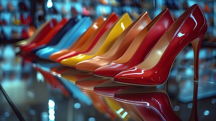 A row of high heel shoes stands in perfect alignment on a mirrored rack. - obrazy, fototapety, plakaty